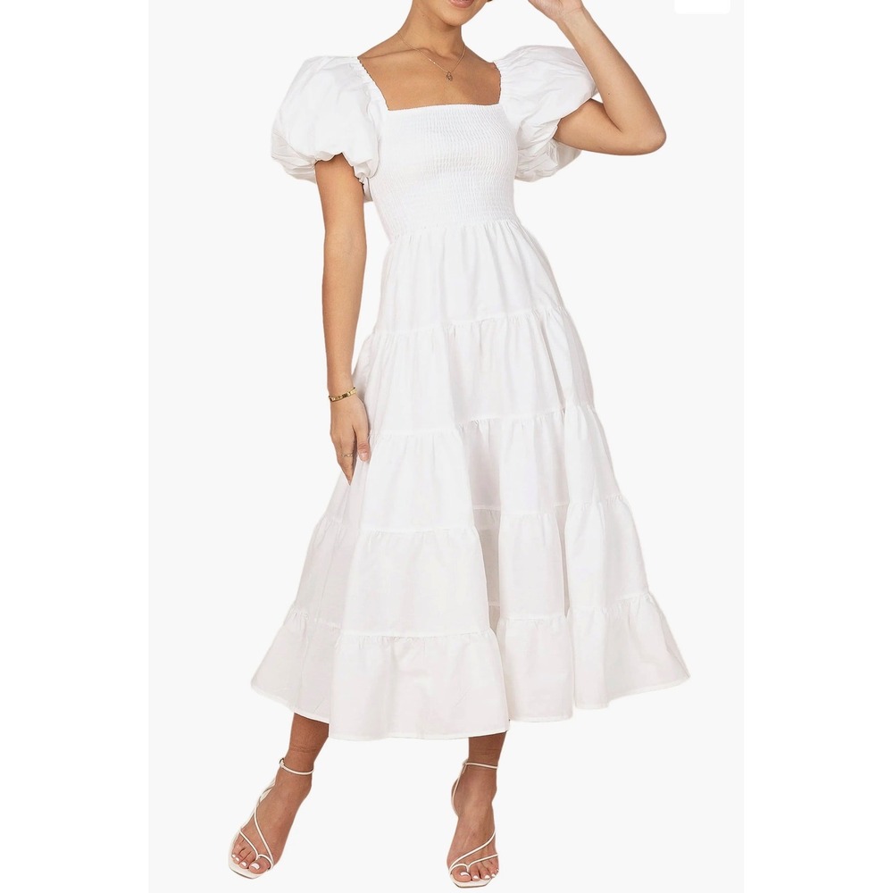 Petal and Pup White Smocked Puff Sleeve Tiered Midi Dress DA11500 Size S